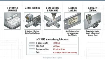 LSF manufacturing process flow from steel coils to labeled jobsite-ready components