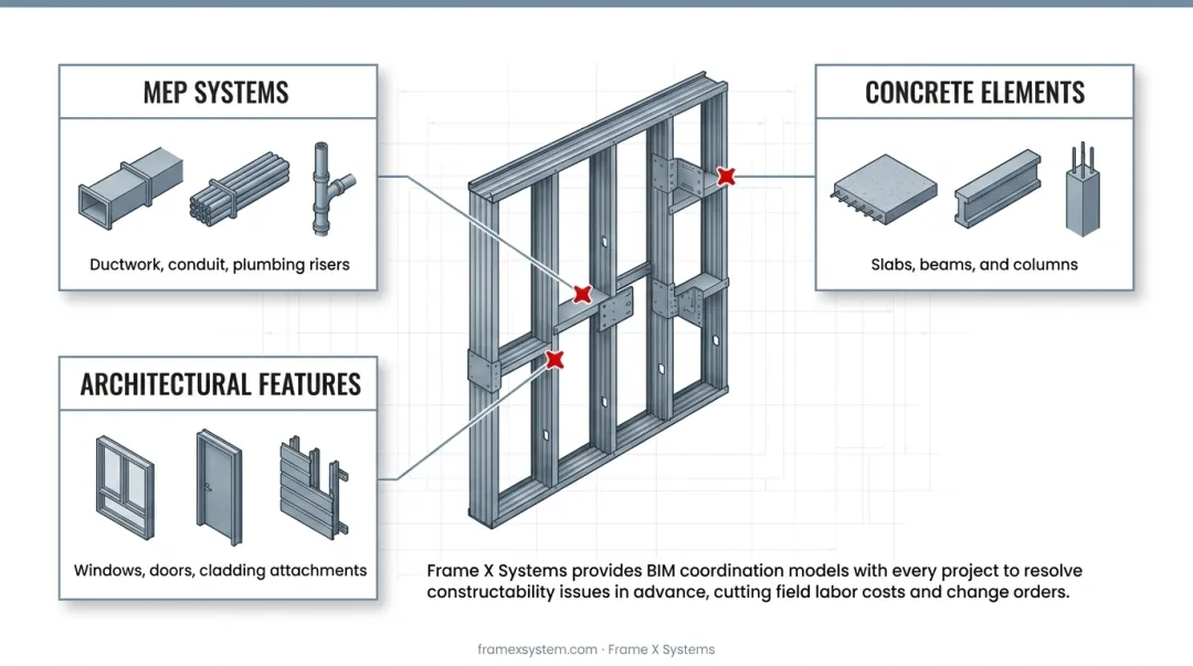 Frame X Systems BIM coordination model showing CFS framing integrated with MEP and structural systems