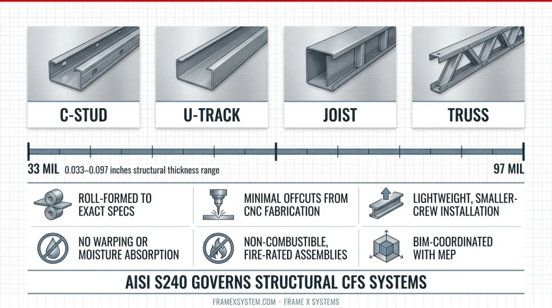 Cold-formed steel C-studs U-tracks and structural components showing thickness variations