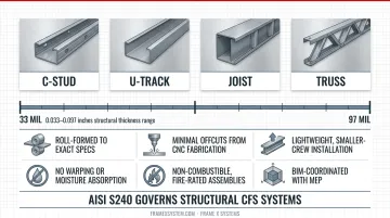 Cold-formed steel C-studs U-tracks and structural components showing thickness variations
