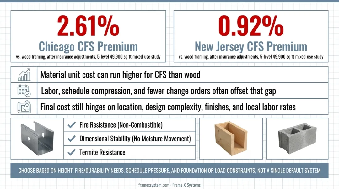 LSF versus wood framing versus concrete construction method comparison across seven factors
