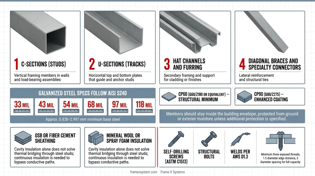 Cold-formed steel framing key components with C-sections U-sections and structural connections