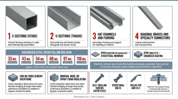 Cold-formed steel framing key components with C-sections U-sections and structural connections