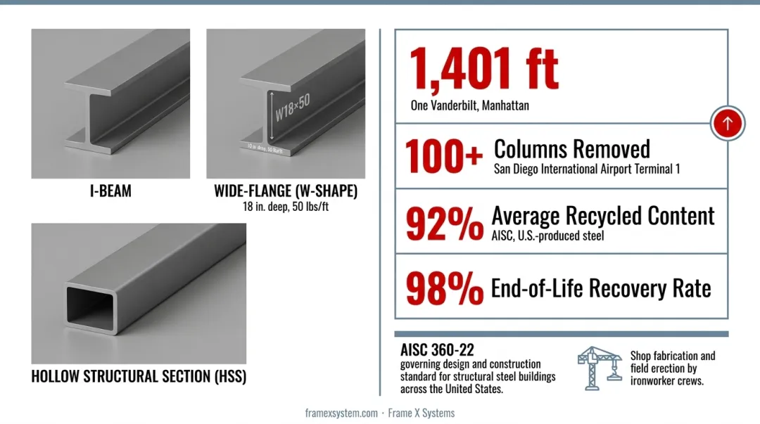 Structural steel wide-flange beams and HSS columns during high-rise building construction