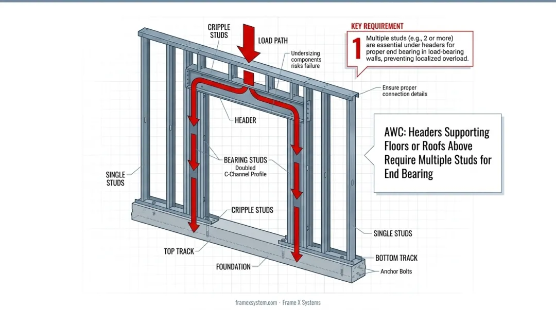Load-bearing wall header and lintel system showing load transfer around door opening