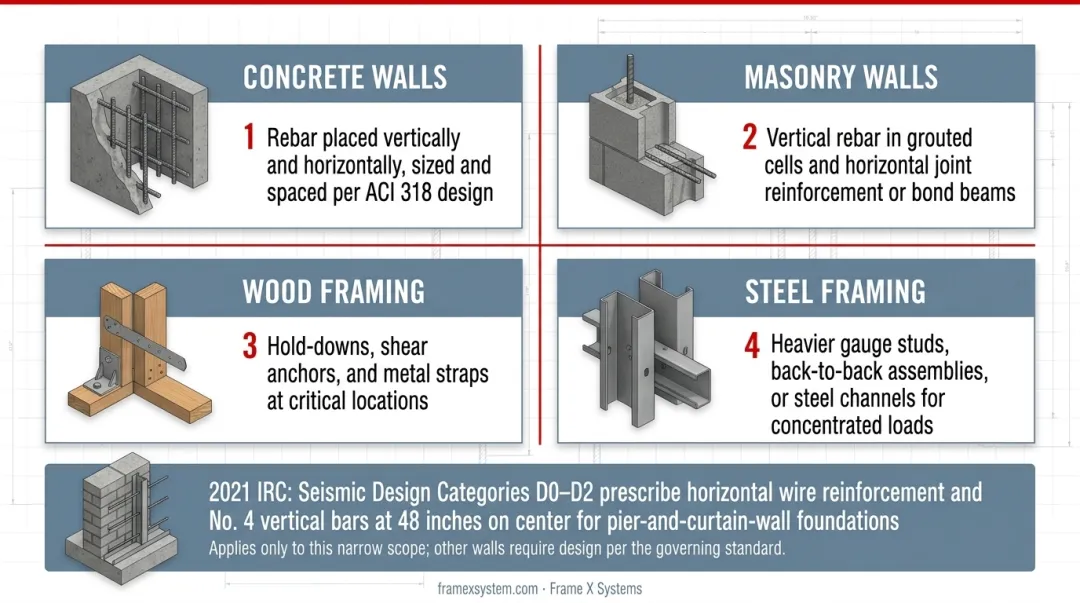 Four reinforcement systems comparison for concrete masonry wood and steel load-bearing walls