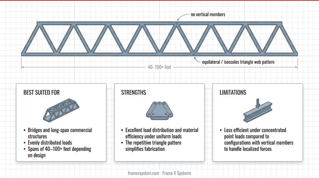 Comparison chart of seven truss types showing web patterns spans and typical applications