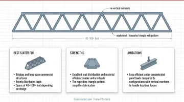 Comparison chart of seven truss types showing web patterns spans and typical applications