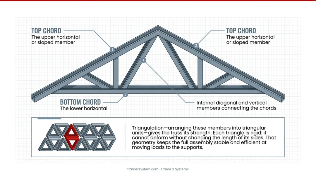 Truss component diagram showing top chord bottom chord and web members in triangular configuration