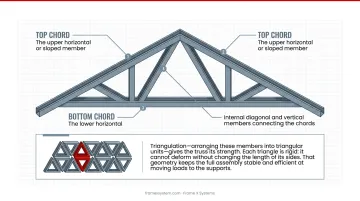 Truss component diagram showing top chord bottom chord and web members in triangular configuration