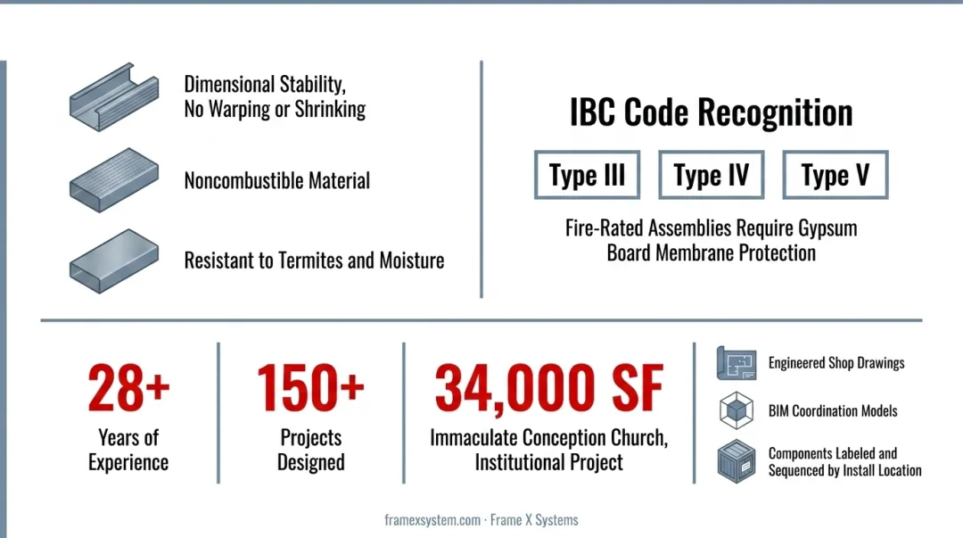 Frame X Systems prefabricated cold-formed steel wall panel with labeled components and BIM coordination