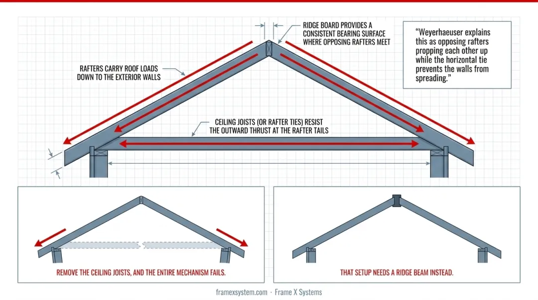 Conventional roof truss action showing rafter ceiling joist and ridge board structural triangle