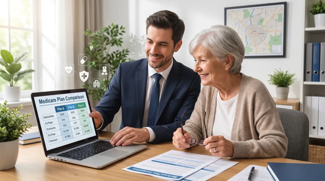 Licensed local advisor reviewing Medicare plan options with senior client
