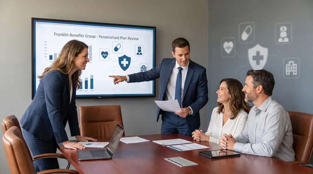 Franklin Benefits Group advisors reviewing client health plan options in office