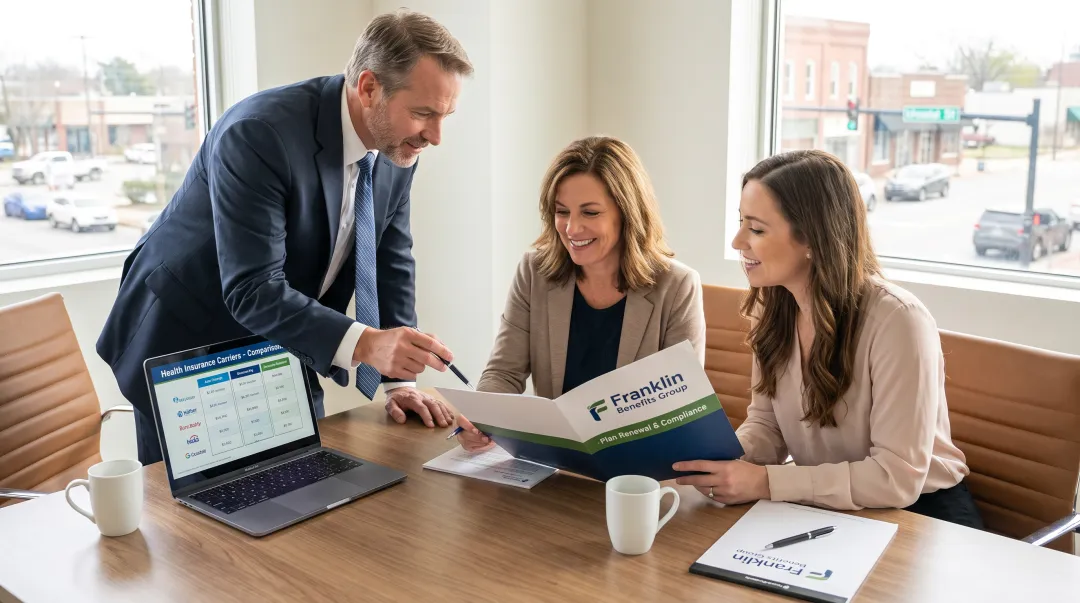 Franklin Benefits Group advisor reviewing employer health plan options with client