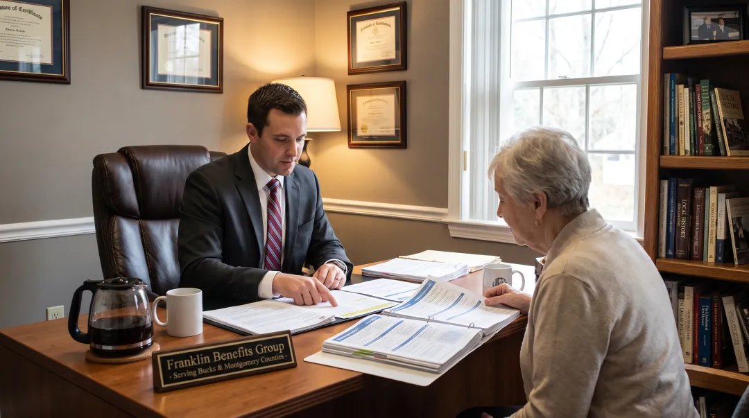 Franklin Benefits Group licensed agents reviewing Medicare plan options with client