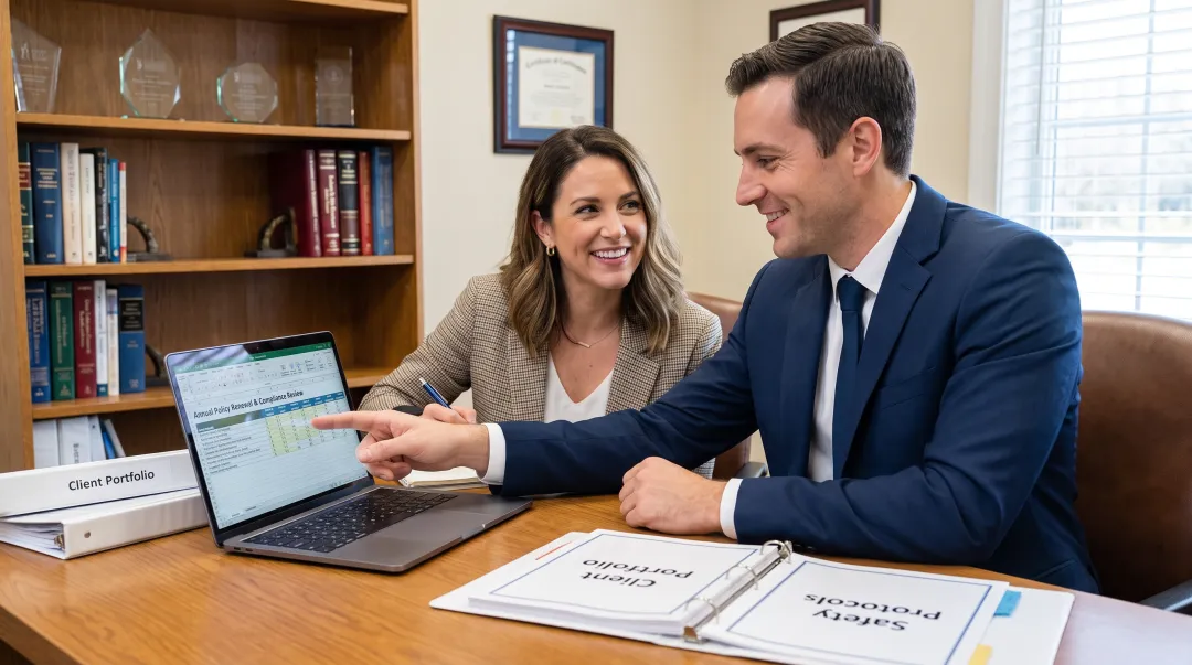 Insurance broker advisor meeting with small business owner for renewal review