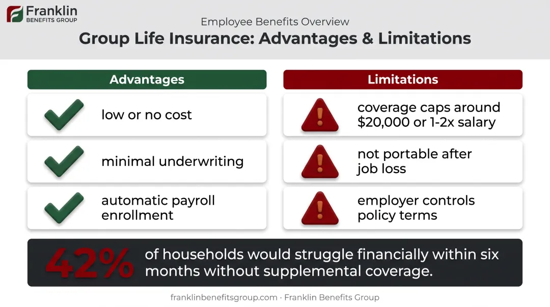 Group life insurance advantages versus limitations pros and cons chart