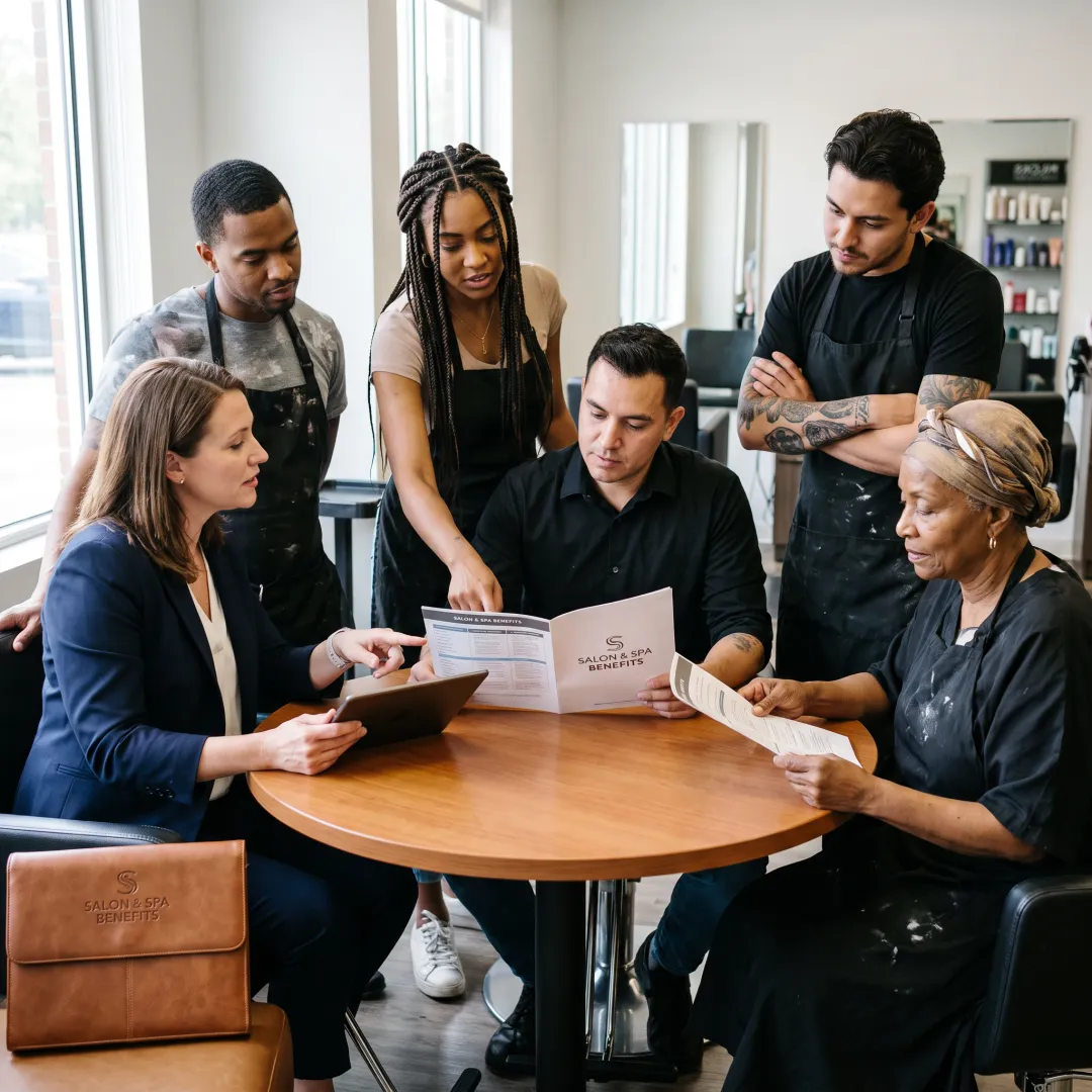 Hair salon team reviewing health insurance options