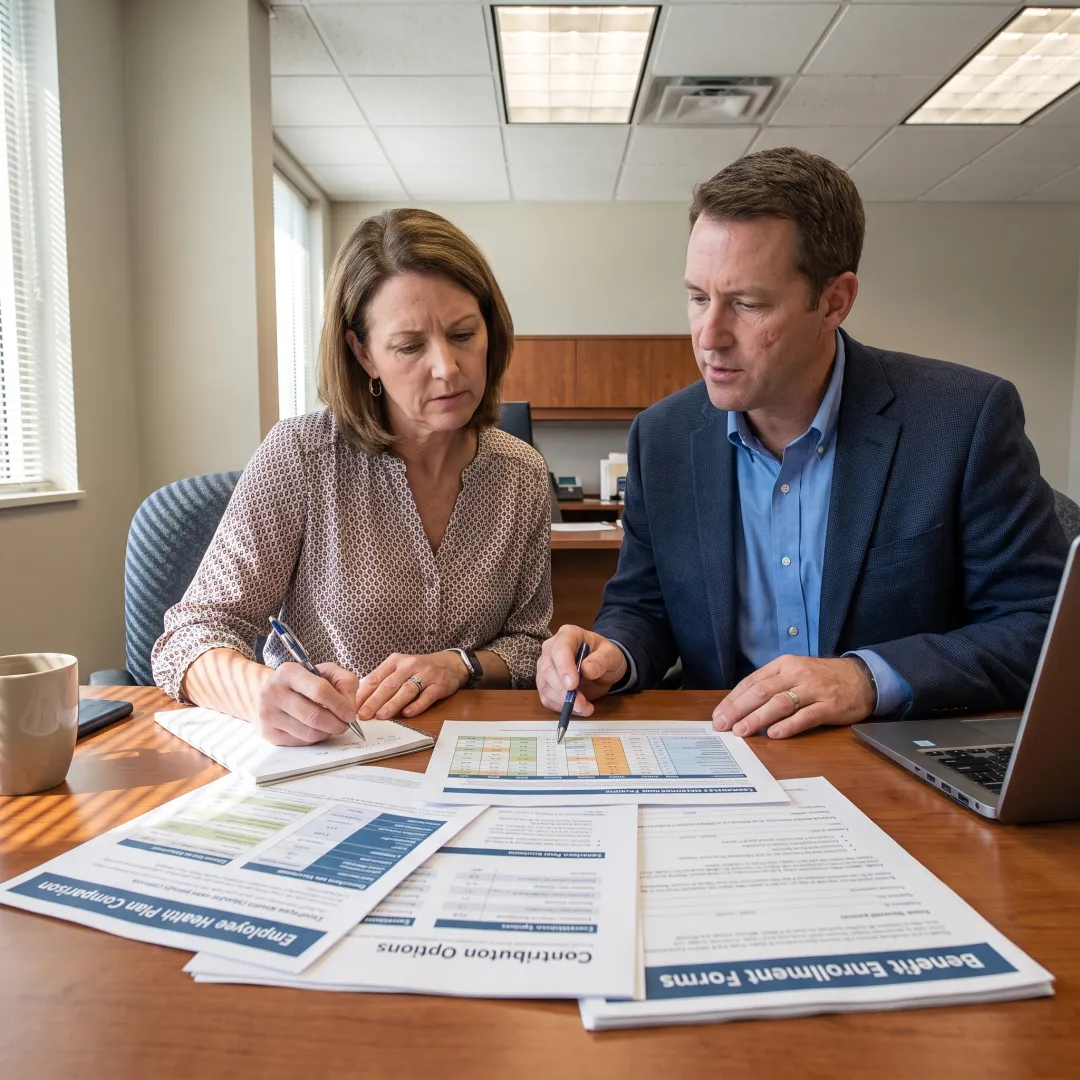Employer reviewing employee benefits options with advisor