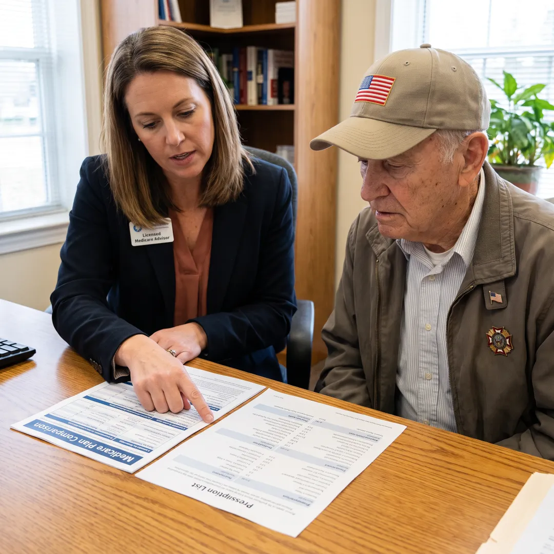 Advisor explaining Medicare plan options to a veteran
