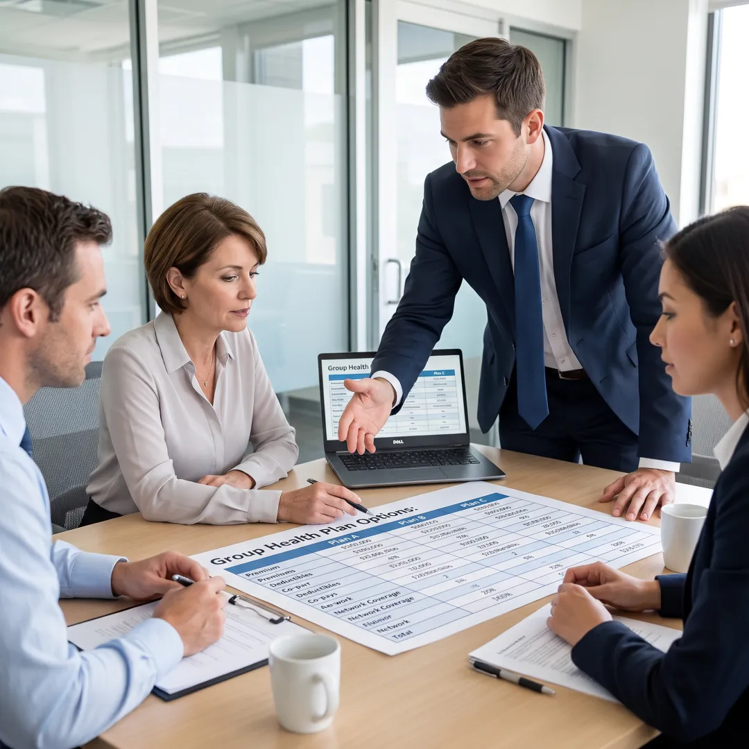 Benefits advisor explaining health plan options to employer