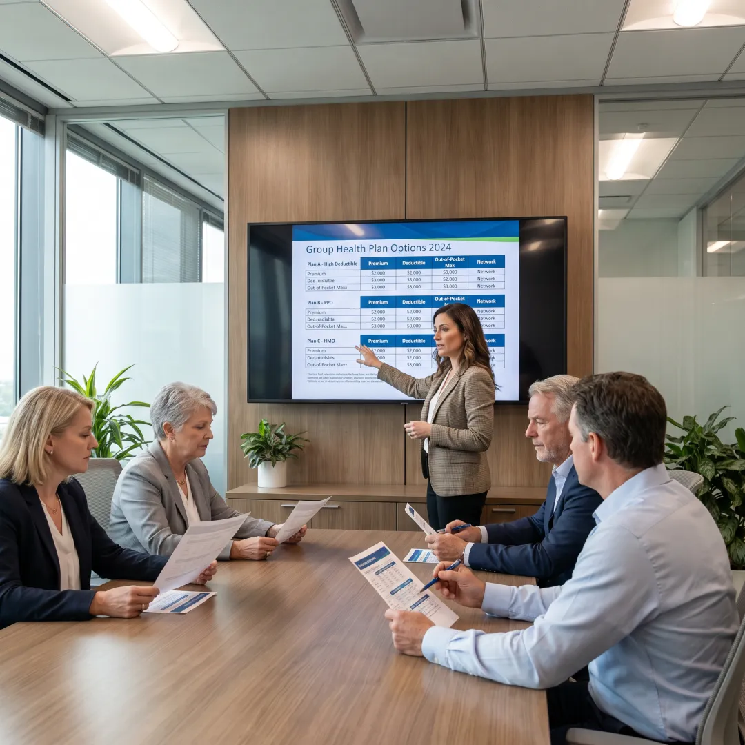 Benefits advisor explaining health plan choices to employer