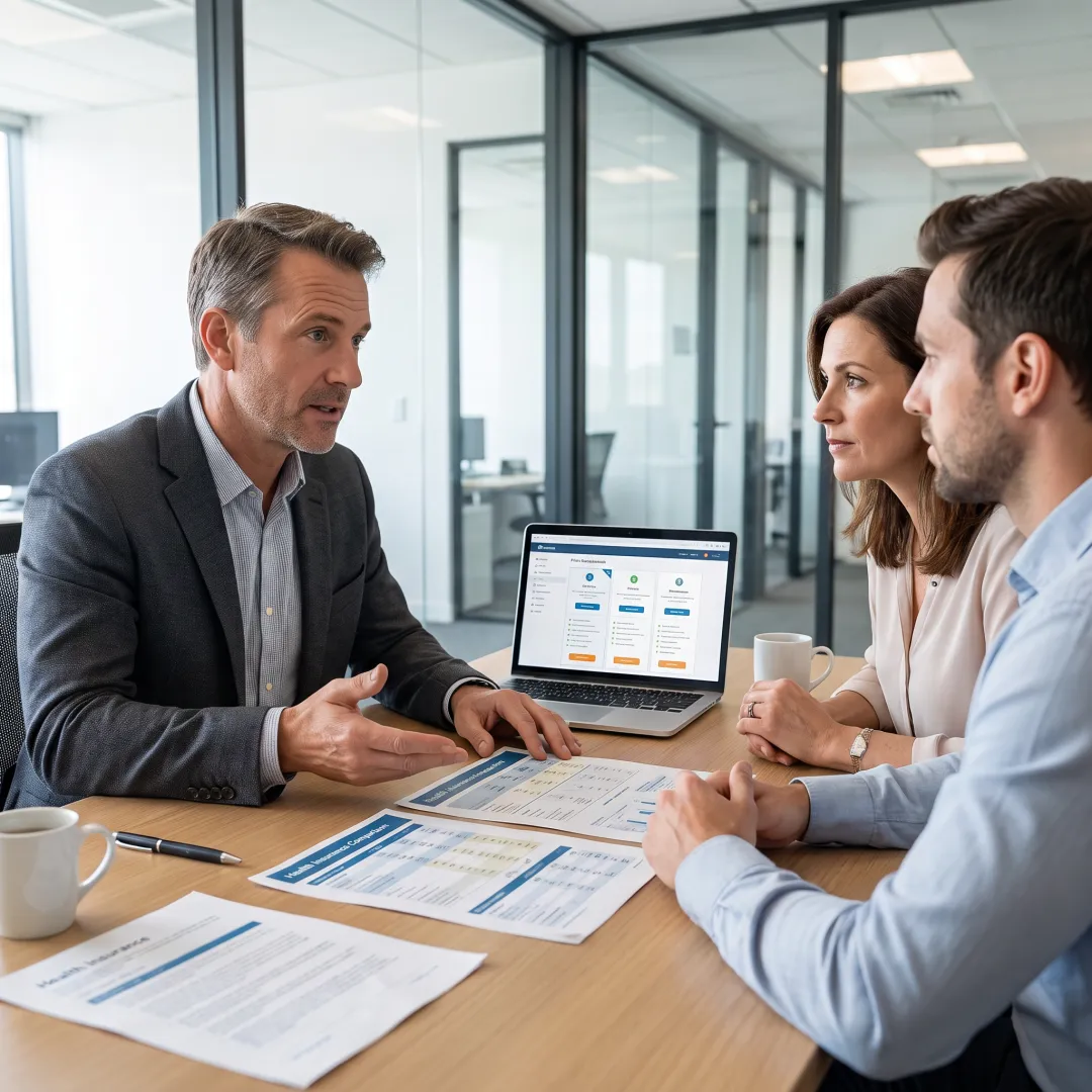 Broker explaining health insurance plan options
