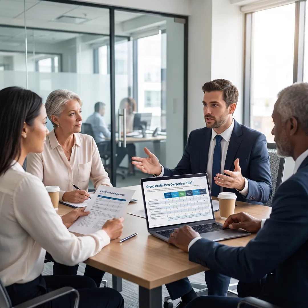 Benefits advisor discussing group health plan options with an employer
