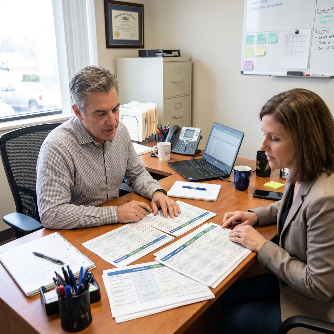 Consultant reviewing health insurance funding options with an employer