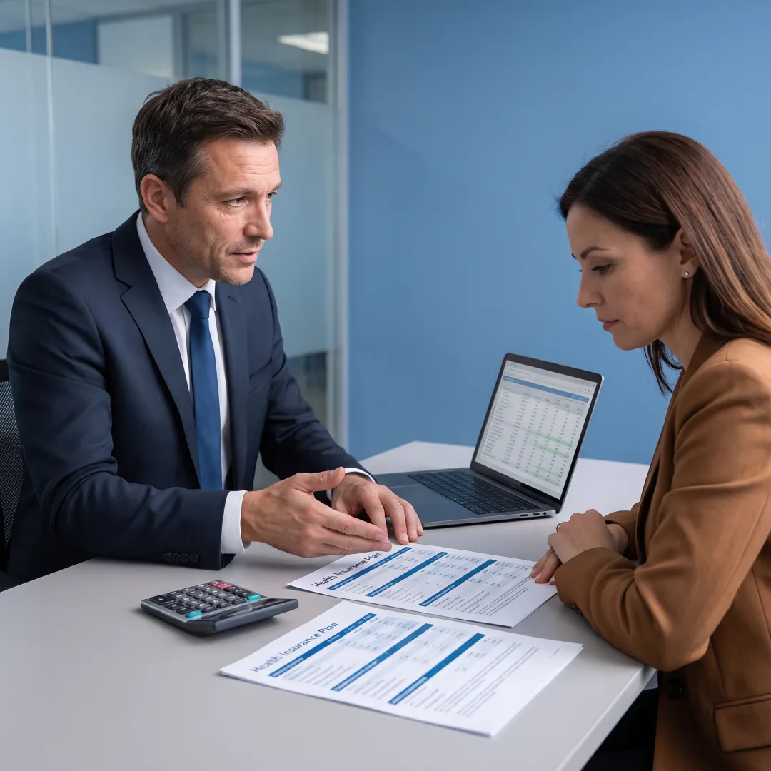 Advisor explaining health plan choices to an employer