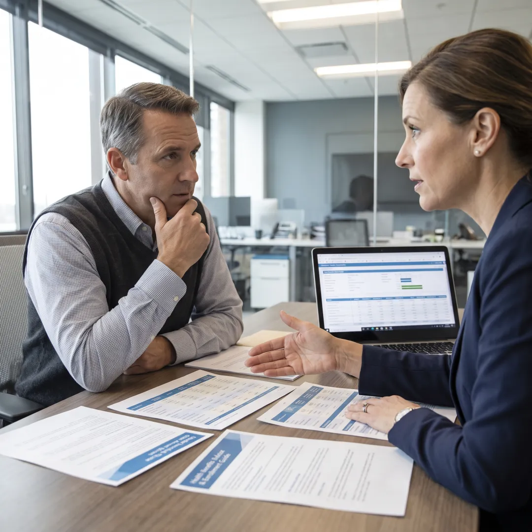 Advisor explaining employee health benefits to an employer