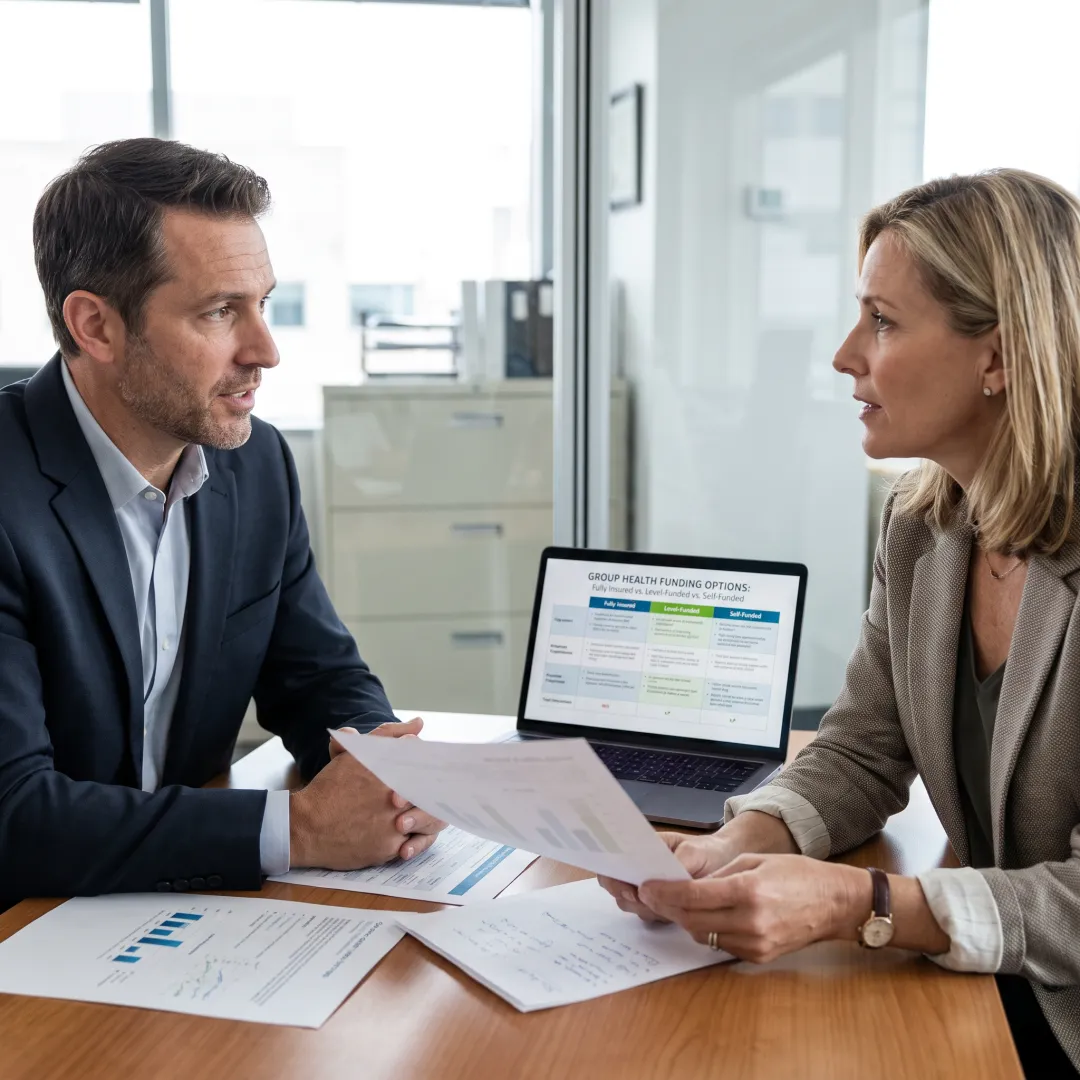 Employer discussing health insurance benefits with advisor