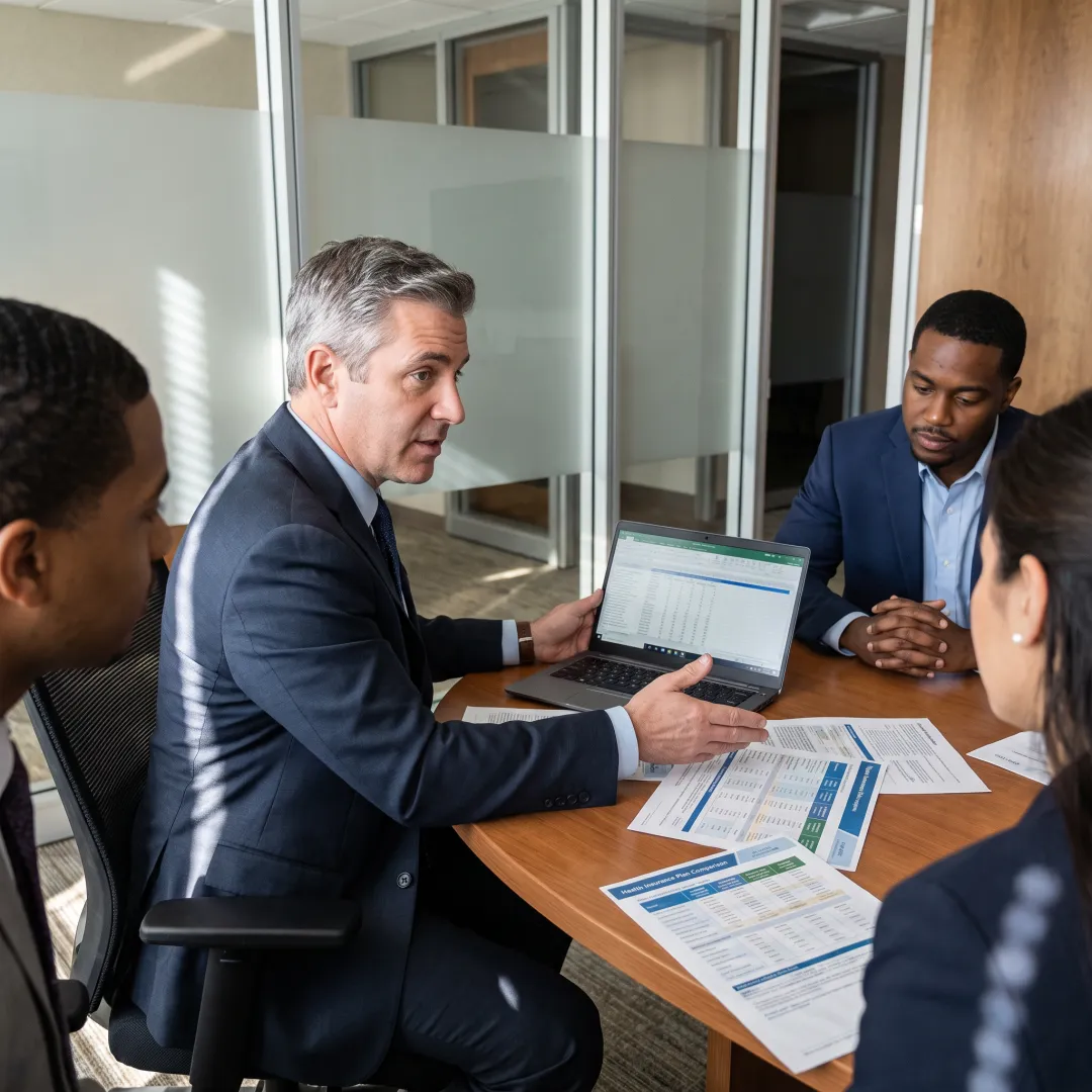 Benefits advisor explaining health plan options to an employer
