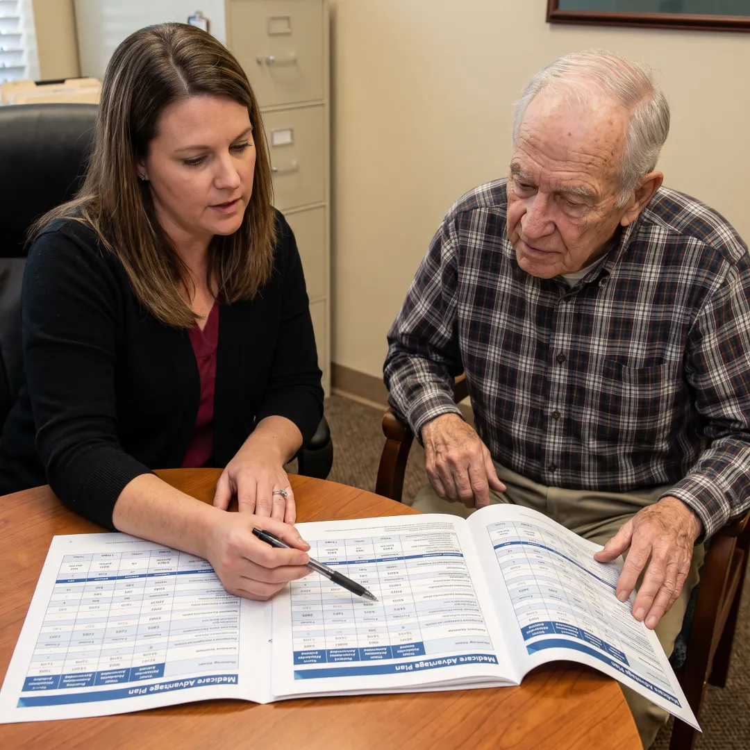 Insurance advisor explaining Medicare options to a senior client