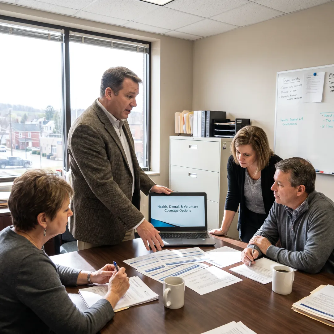 Employer and benefits consultant discussing a customized benefits strategy