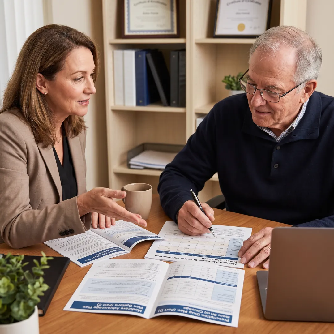 Advisor explaining Medicare plan choices to a senior