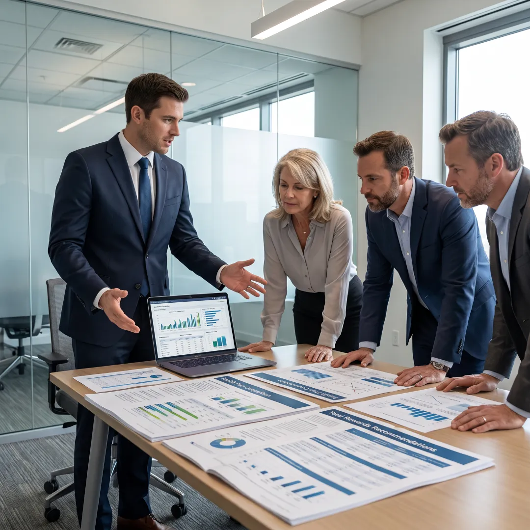 Employer reviewing employee benefits strategy with advisor