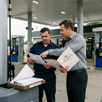 Gas station owner discussing financing options