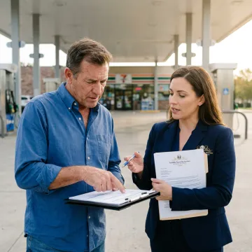 Advisor reviewing gas station loan paperwork