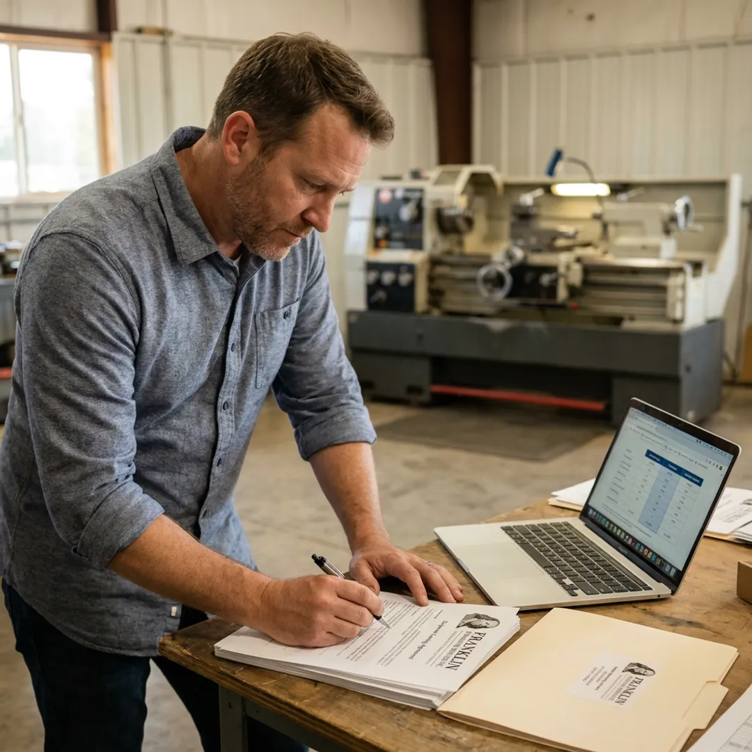 Business owner reviewing equipment financing documents