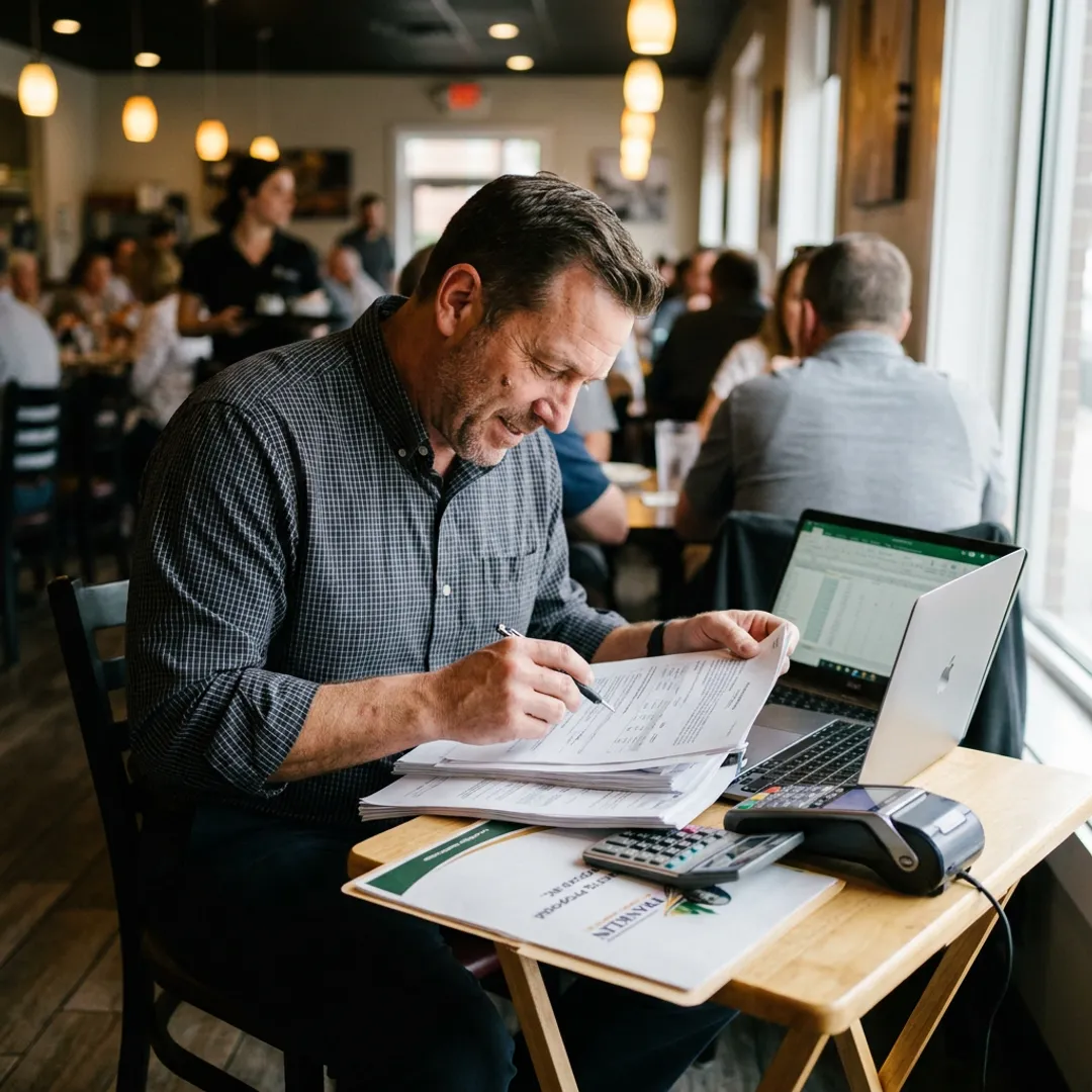 Restaurant owner reviewing business loan options