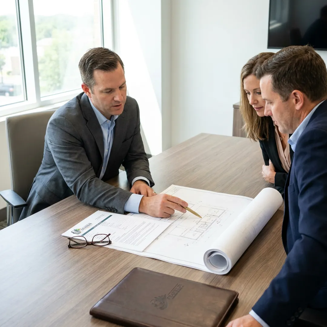 Business owners discussing commercial mortgage financing
