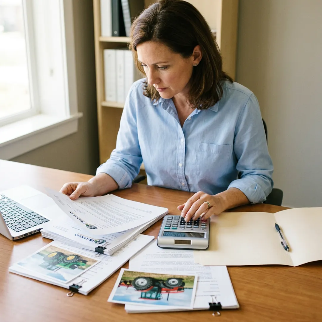 Financing specialist reviewing farm equipment lease documents