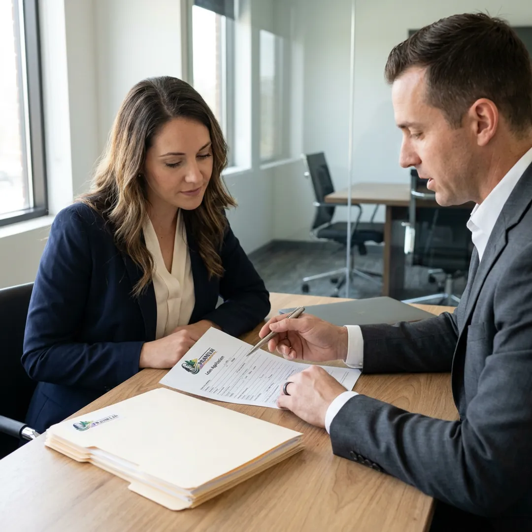 Healthcare financing specialist reviewing equipment funding documents