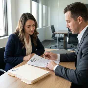 Healthcare financing specialist reviewing equipment funding documents