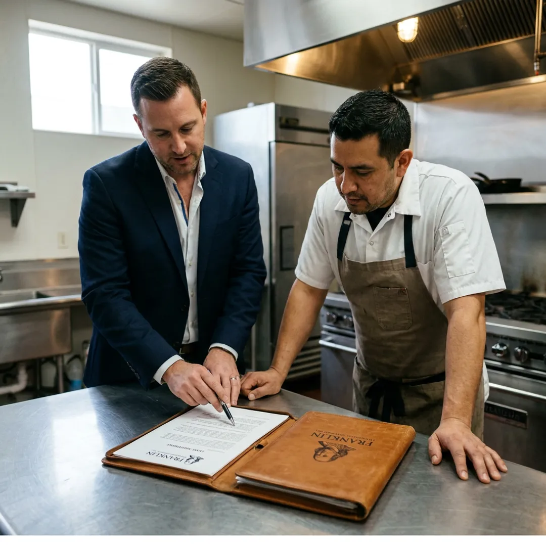 Restaurant owner reviewing equipment financing paperwork