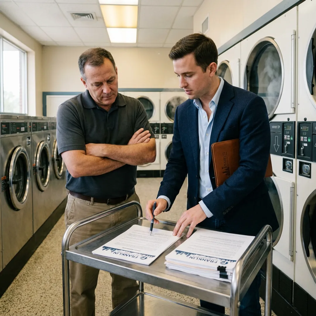 Financing specialist reviewing laundry equipment lease documents