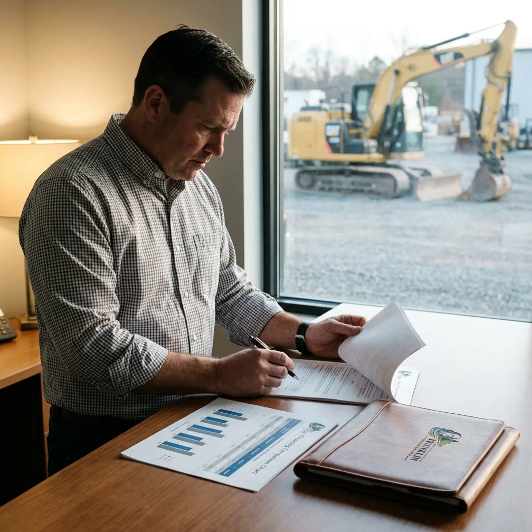 Business owner reviewing equipment lease documents
