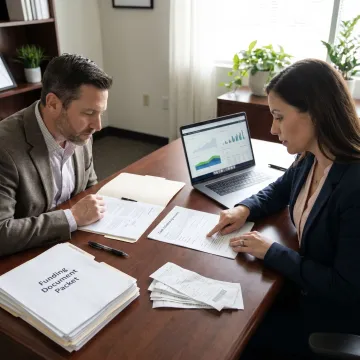 Business owner reviewing cash advance paperwork